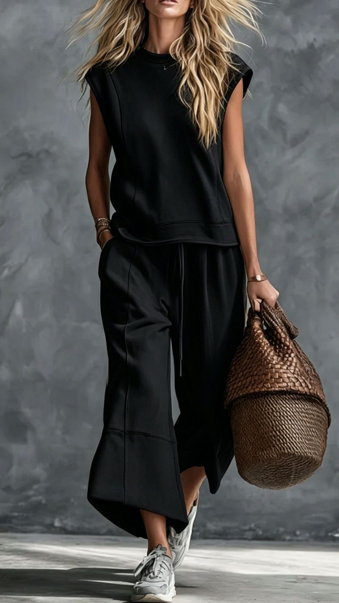 Women's Navy Sleeveless Wide-Leg Cotton-blend Two-piece Outfit