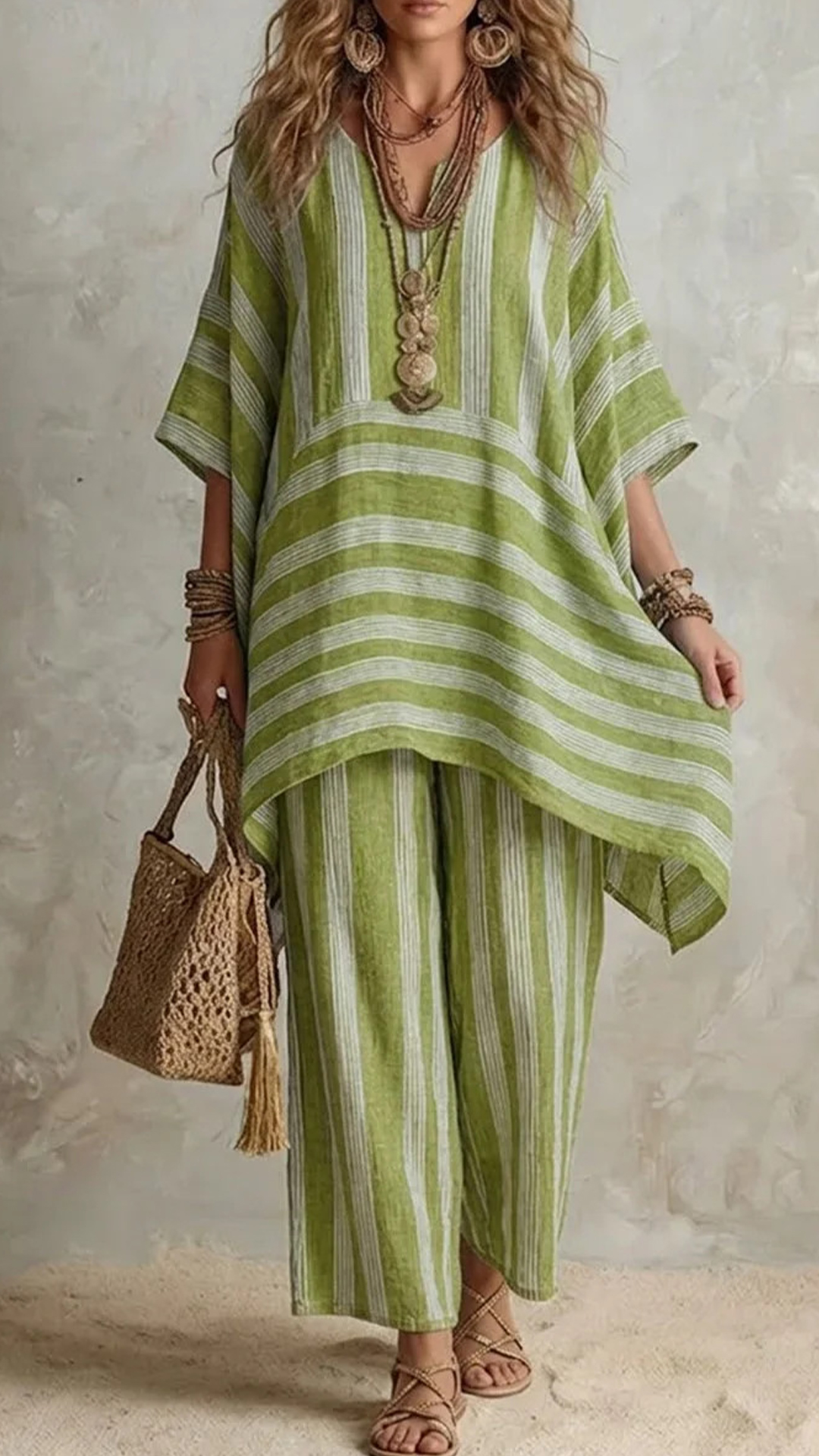 Casual Loose Striped Cotton And Linen Top And Pants Two-piece Set