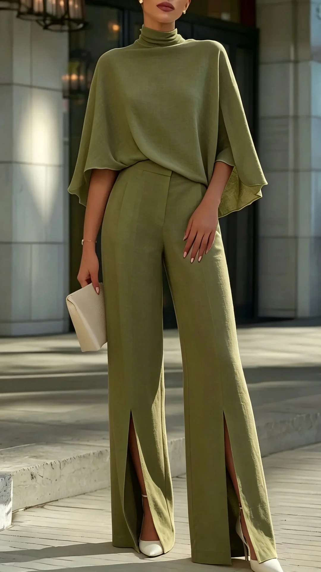 Women's Elegant Mock Neck Shawl Collar Cardigan Top with Slit Wide-Leg Trousers Two-Piece Suit