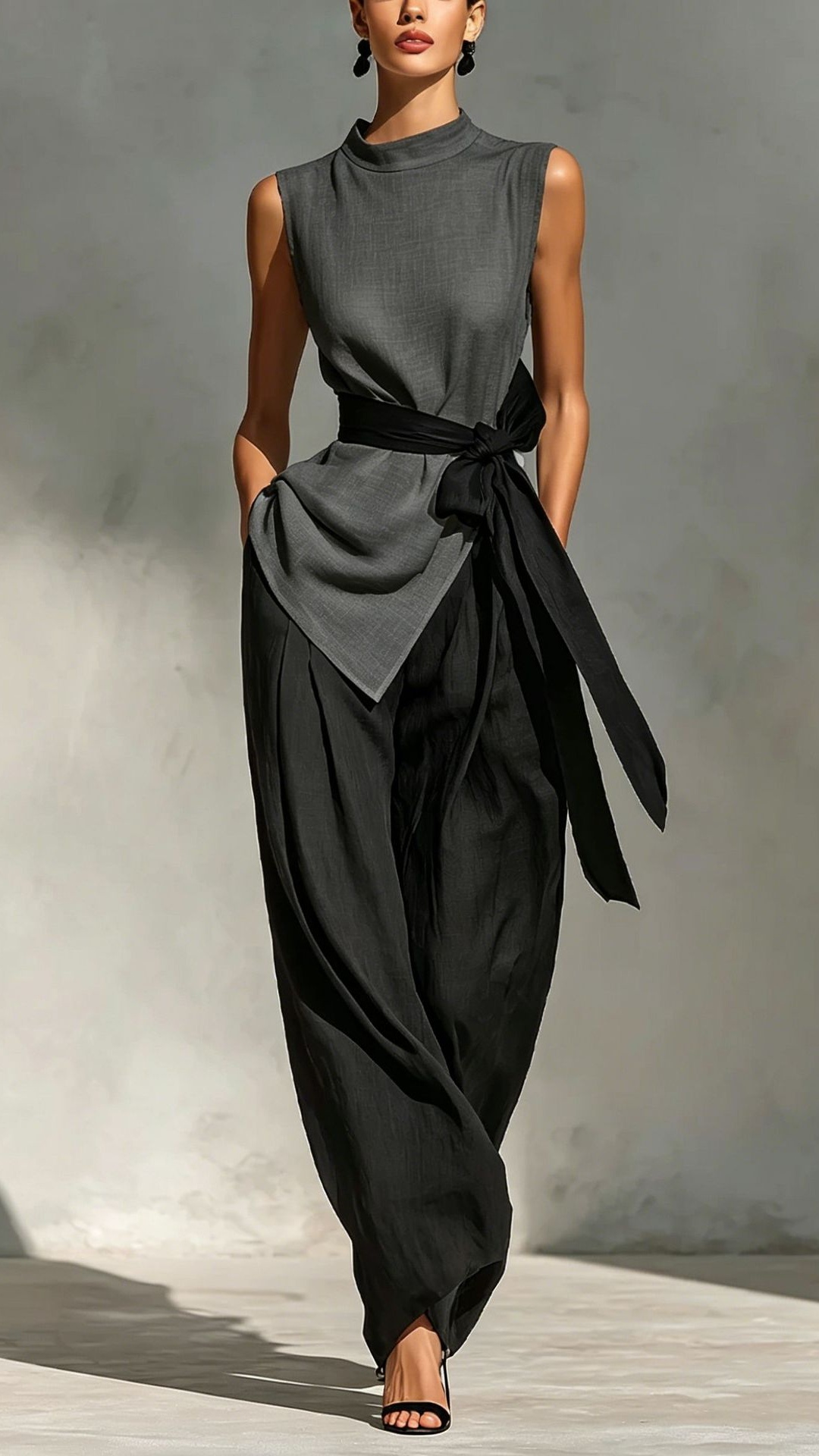 Women's Tie-Front Sleeveless Tencel-Linen Top + Wide-Leg Pants 2-Piece Set