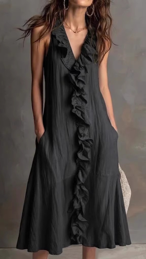 A casual loose V-neck lace sleeveless dress for ladies