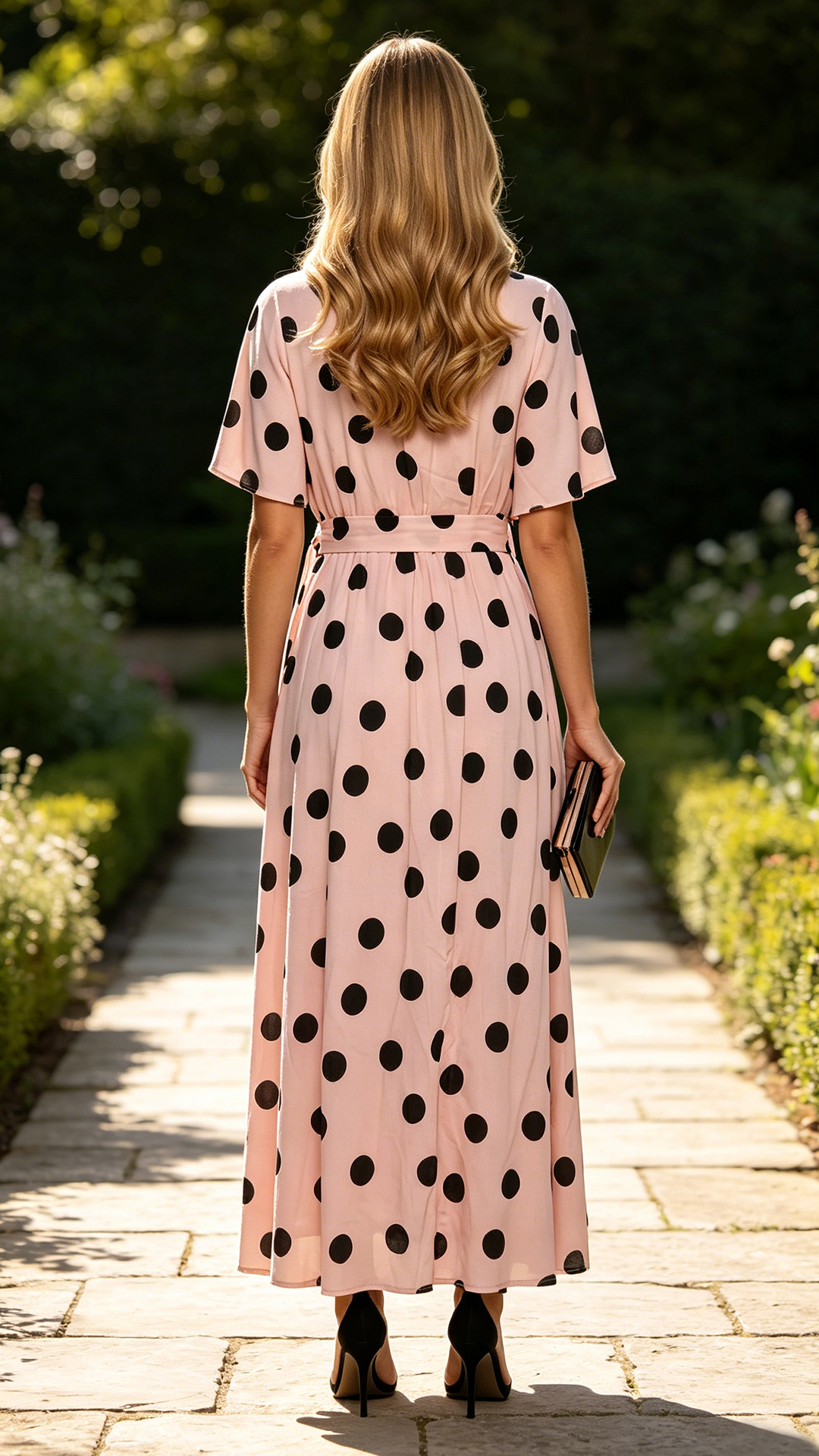 Blush & Black Polka Dot V-Neck Short Sleeve Flowy Dress with Waist-Cinching Belt
