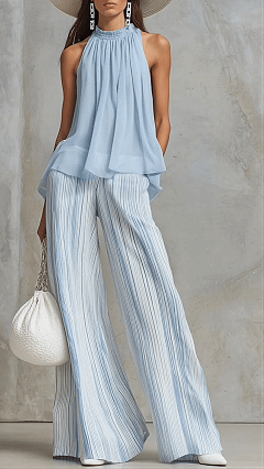 Women's Vacation-Style Outfit: Light Blue Chiffon Sleeveless Top & Striped Wide-Leg Pants Set