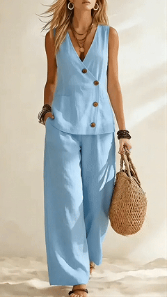 Women's Casual Solid-Color Vacation-Style Two-Piece Set: Button-Front Vest & Trousers