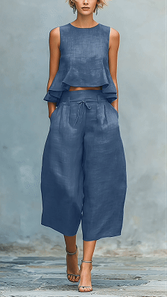 Women's two-piece linen blend set with ruffled trim.