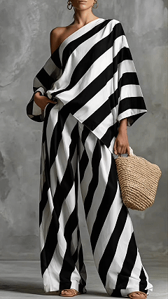 Women's Chic & Laid-back Vintage Striped Two-Piece Set: Fashion Top and Wide-Leg Pants