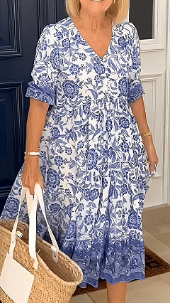 Women's Blue and White Porcelain Print V-Neck Loose Ruffled Midi Dress