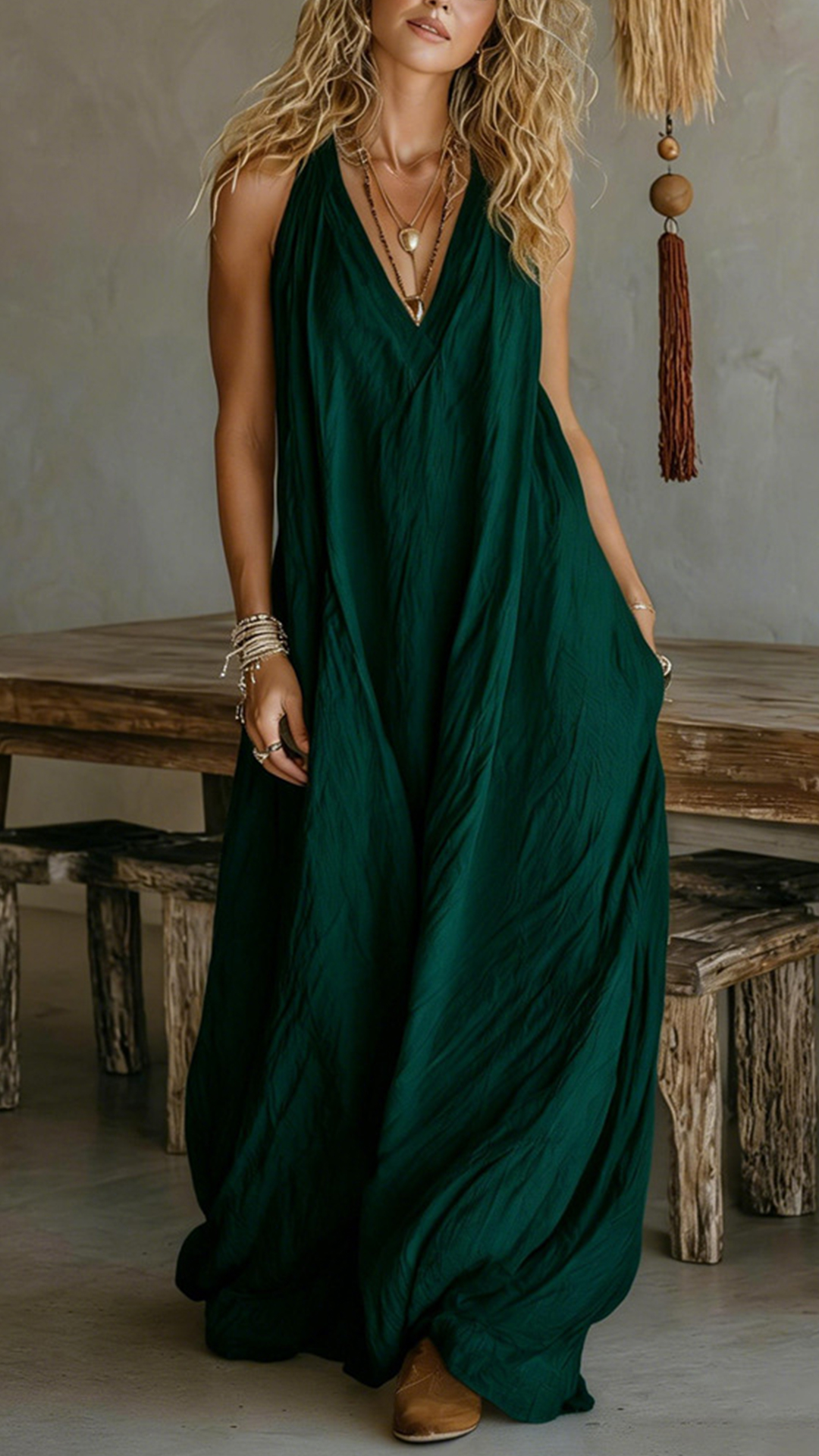 Women's Halter V-Neck Linen-Blend Maxi Dress