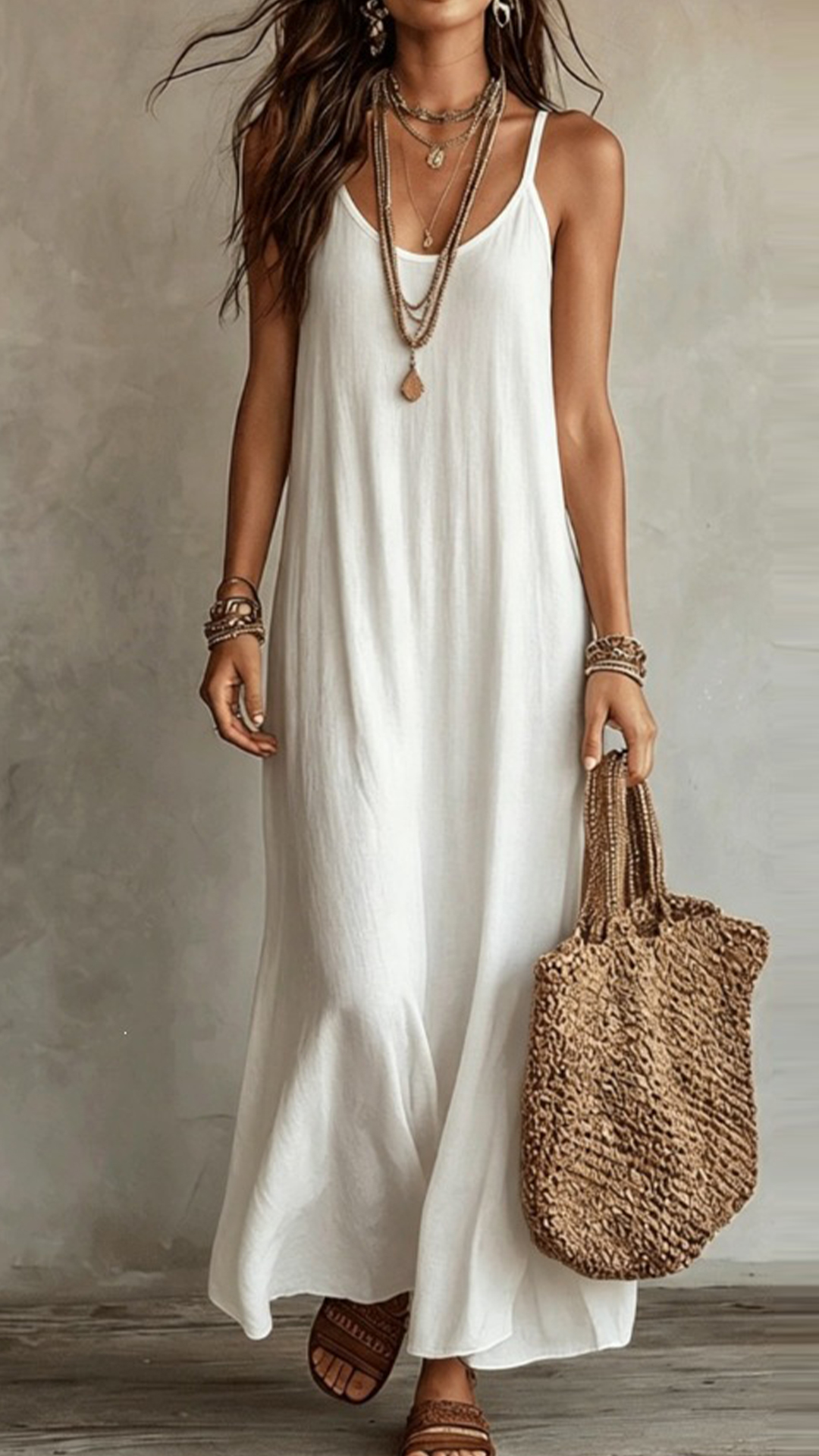Women's Cotton‑blend Thin‑Strap U‑Neck Loose Maxi Dress