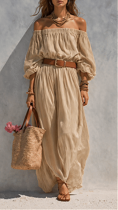 Women's Cotton‑blend Off‑the‑Shoulder Puff‑Sleeve Belted Wide‑Leg Jumpsuit