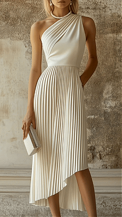 Women's Off‑White One‑Shoulder Pleated Asymmetrical Midi Dress