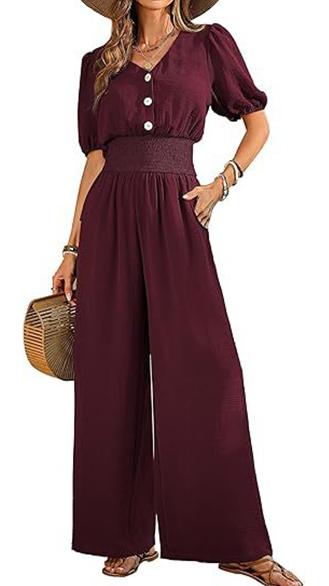 Women's V-Neck Jumpsuit with Puff Sleeves, Cinched Waist, and Wide Legs