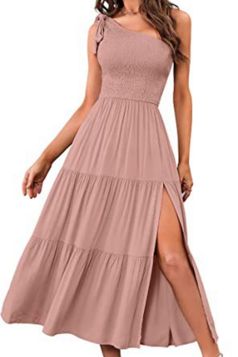 Women's Summer One-Shoulder Sleeveless Dress with Knot Detail, Ruching, and Center Slit