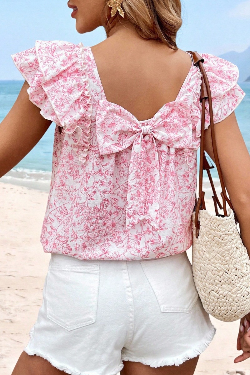 Women's Casual Floral Shirt — Short Sleeve with Ruffles and Back Bow Tie