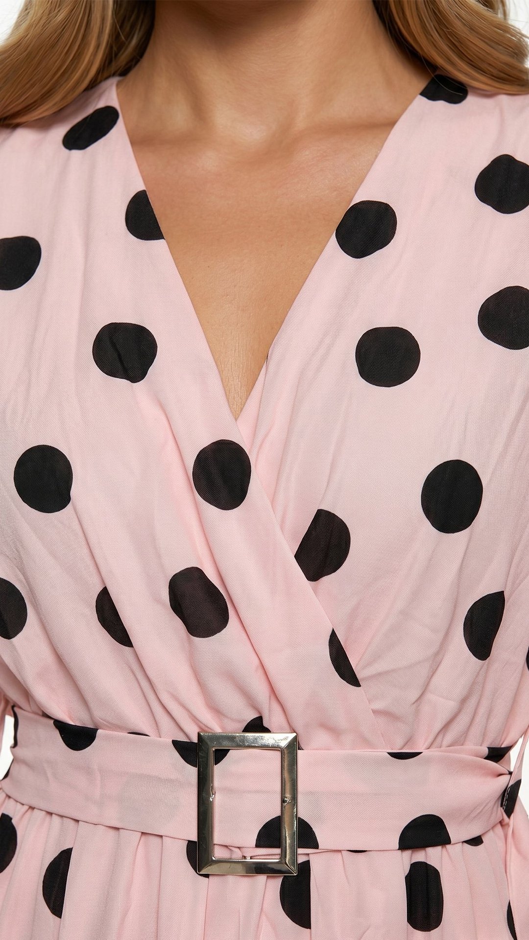 Blush & Black Polka Dot V-Neck Short Sleeve Flowy Dress with Waist-Cinching Belt