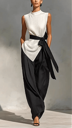 Women's Tie-Front Sleeveless Tencel-Linen Top + Wide-Leg Pants 2-Piece Set