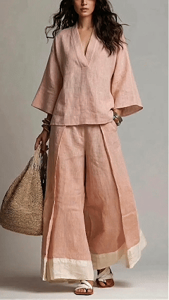 Women's Cotton-Linen French-Style V-Neck 3/4-Sleeve Shirt & Contrast Wide-Leg Pants Set