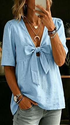 Women's fashionable loose casual V-neck tie bow shirt