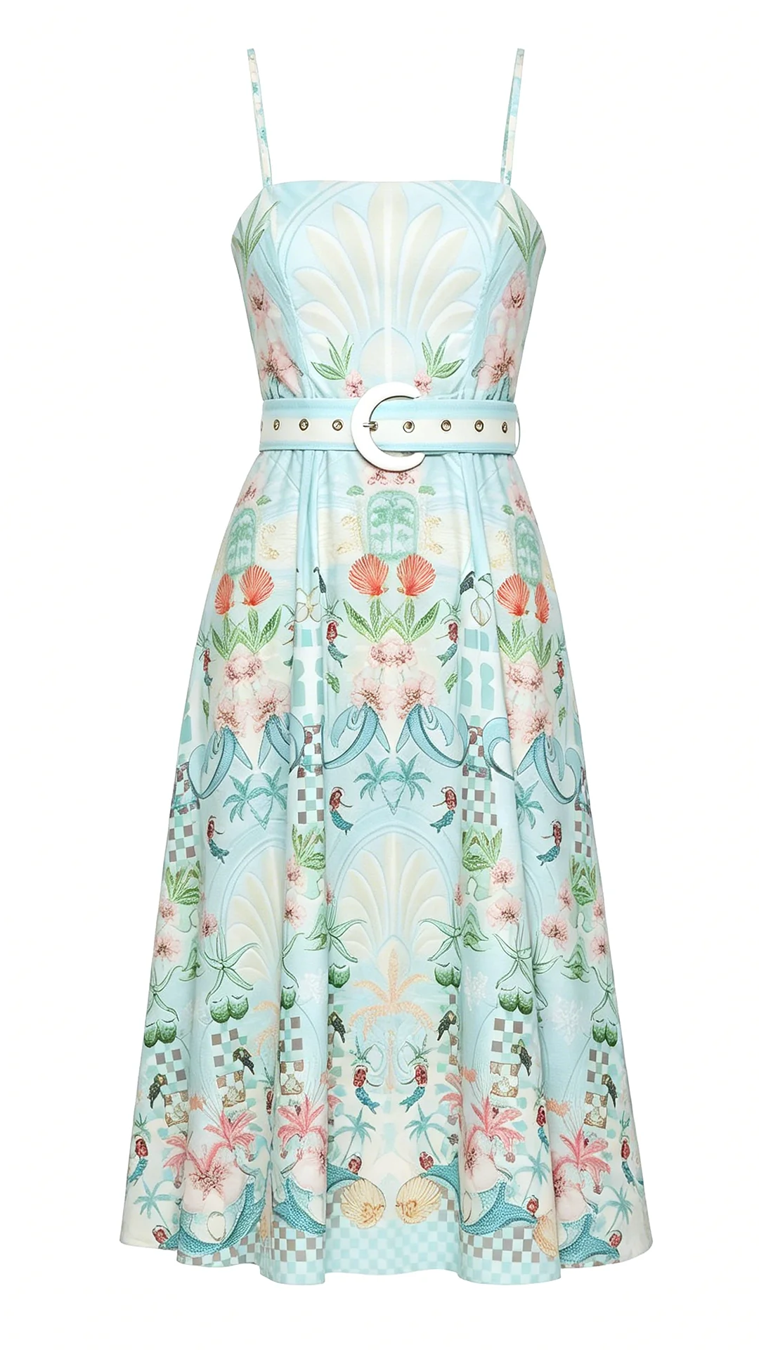 Women's Summer Flowy Swing Dress - Cute Spaghetti Strap Midi with Belt