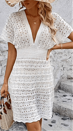 Women's Deep V Elastic Wave Hollow-out Dress