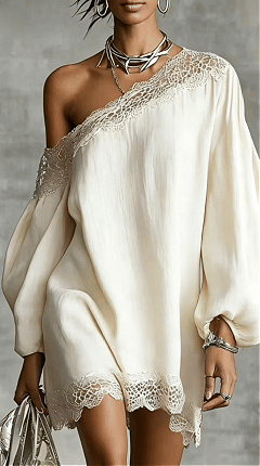 Women's solid color lace trim off-shoulder long-sleeved dress