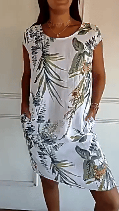 Women's Botanical Print Crew Neck Loose Short Sleeve Dress