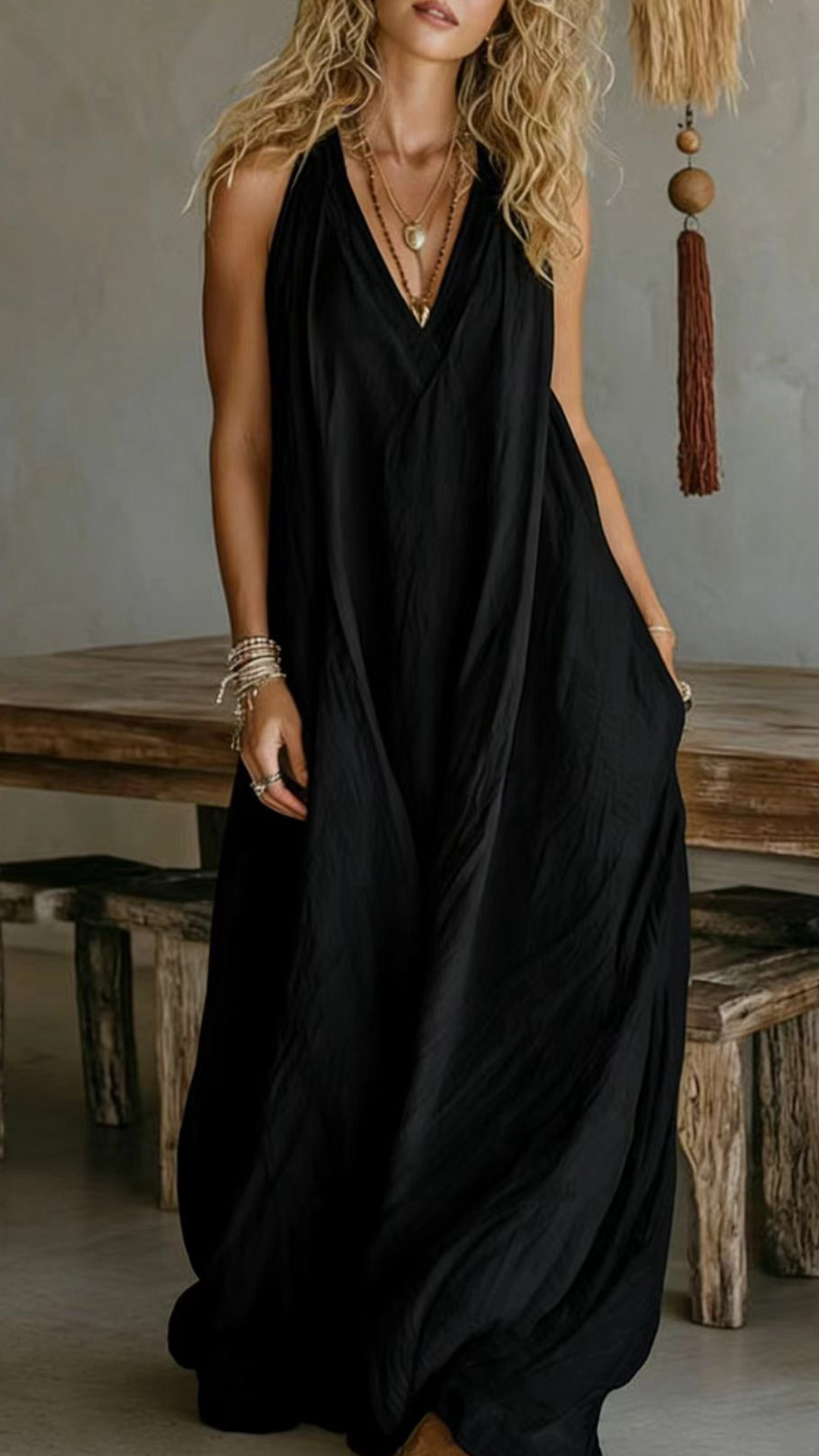 Women's Halter V-Neck Linen-Blend Maxi Dress