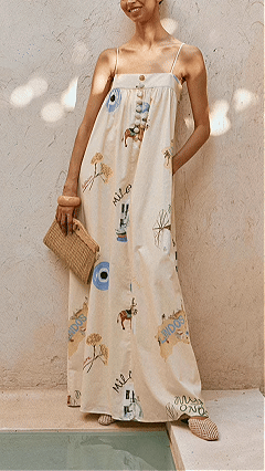 Women's Art Printed Thin‑Strap Loose Maxi Dress