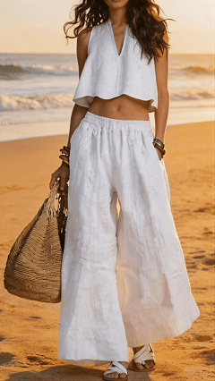 A two-piece linen suit for women, a vacation-style sleeveless top and wide-leg pants