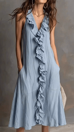 A casual loose V-neck lace sleeveless dress for ladies