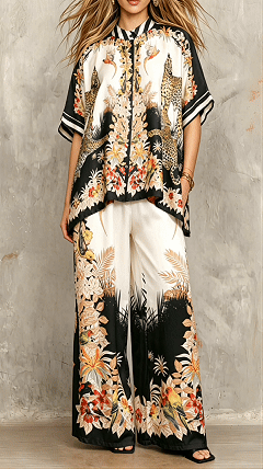Two-piece casual satin printed bat sleeve set for ladies