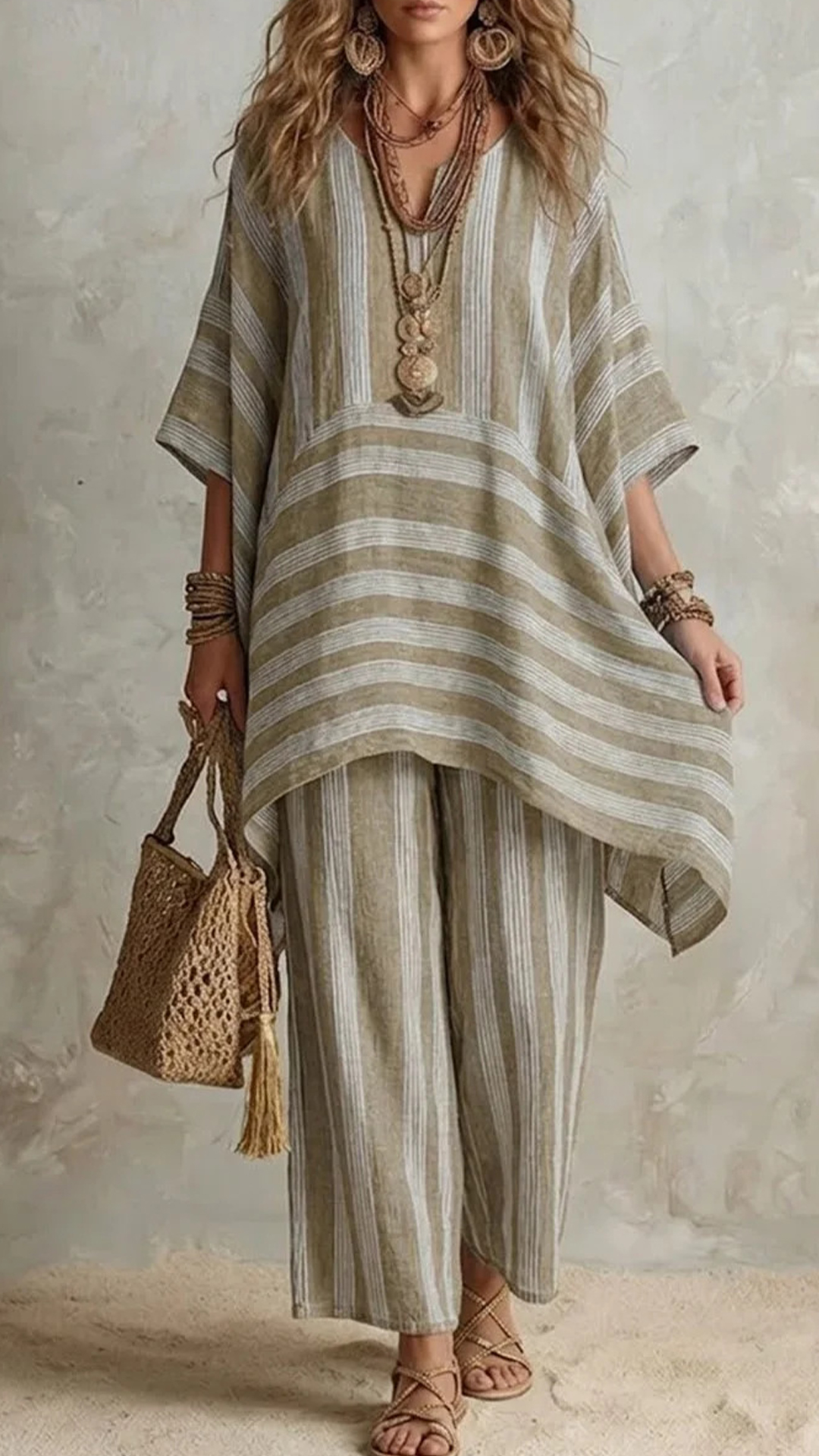 Casual Loose Striped Cotton And Linen Top And Pants Two-piece Set