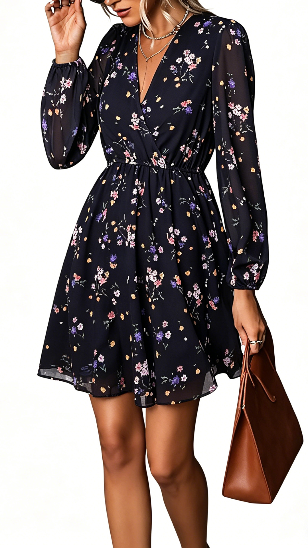Women's Floral V-Neck Long-Sleeve Mini Dress