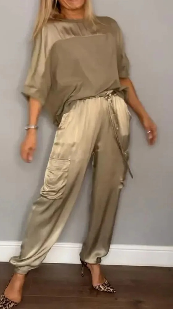 Women's Silky Loose-Fit Top and Pants Two-Piece Set