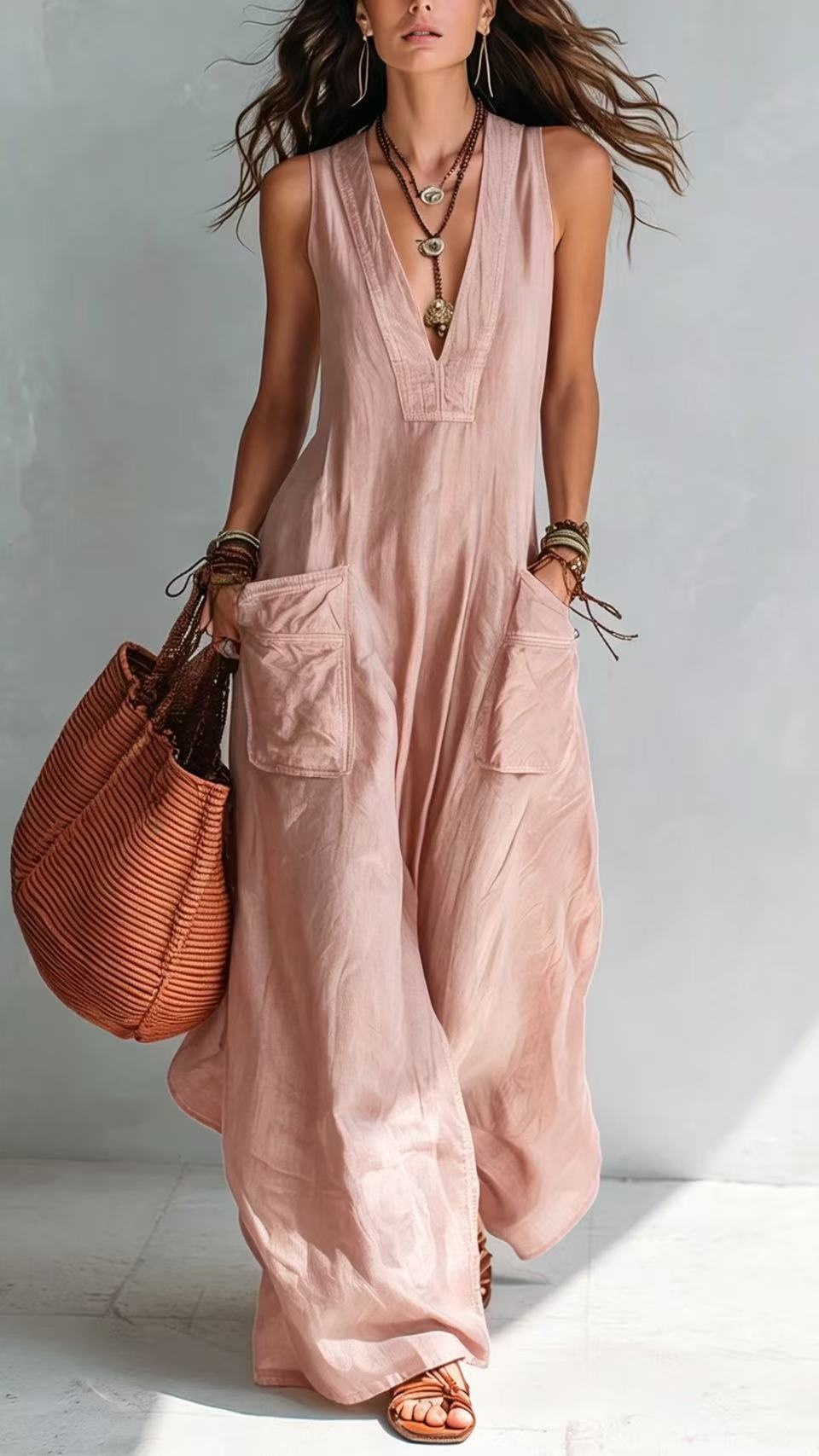 Women's cotton-linen solid color V-neck casual loose jumpsuit with large pockets