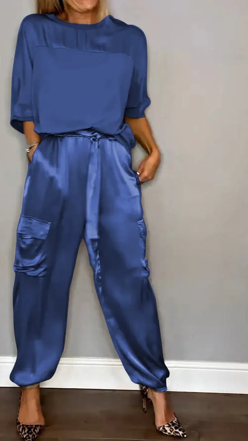 Women's Silky Loose-Fit Top and Pants Two-Piece Set