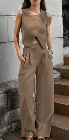 Women's Cotton-Blend Asymmetrical Vest & Wide-Leg Trouser Set for Office and City Chic Style