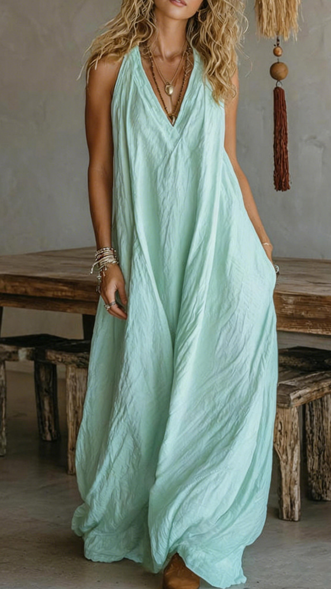 Women's Halter V-Neck Linen-Blend Maxi Dress