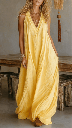 Women's Halter V-Neck Linen-Blend Maxi Dress