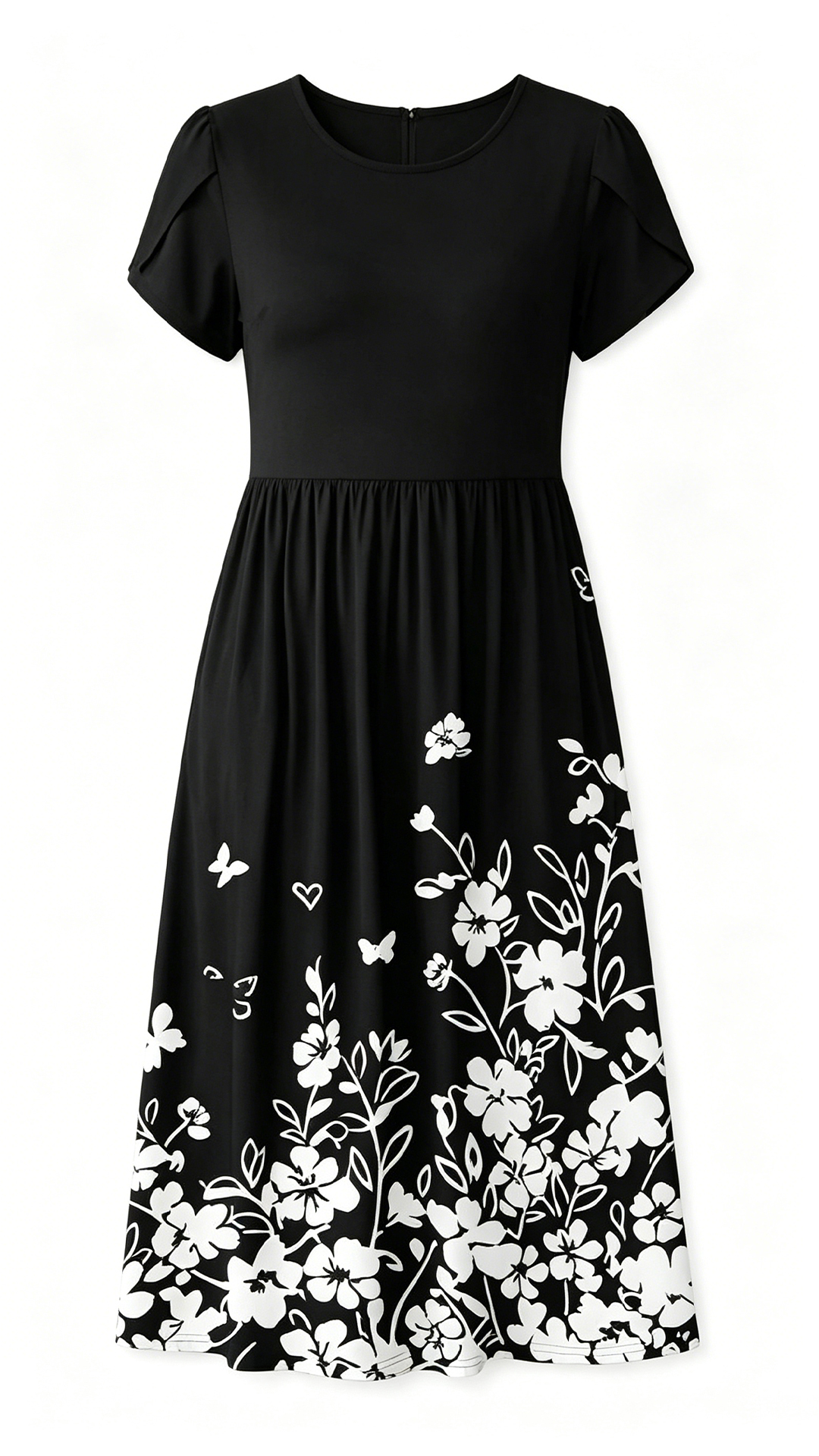 Elegant Short-Sleeve Timeless Black & White Floral Midi Dress with Floral Pattern
