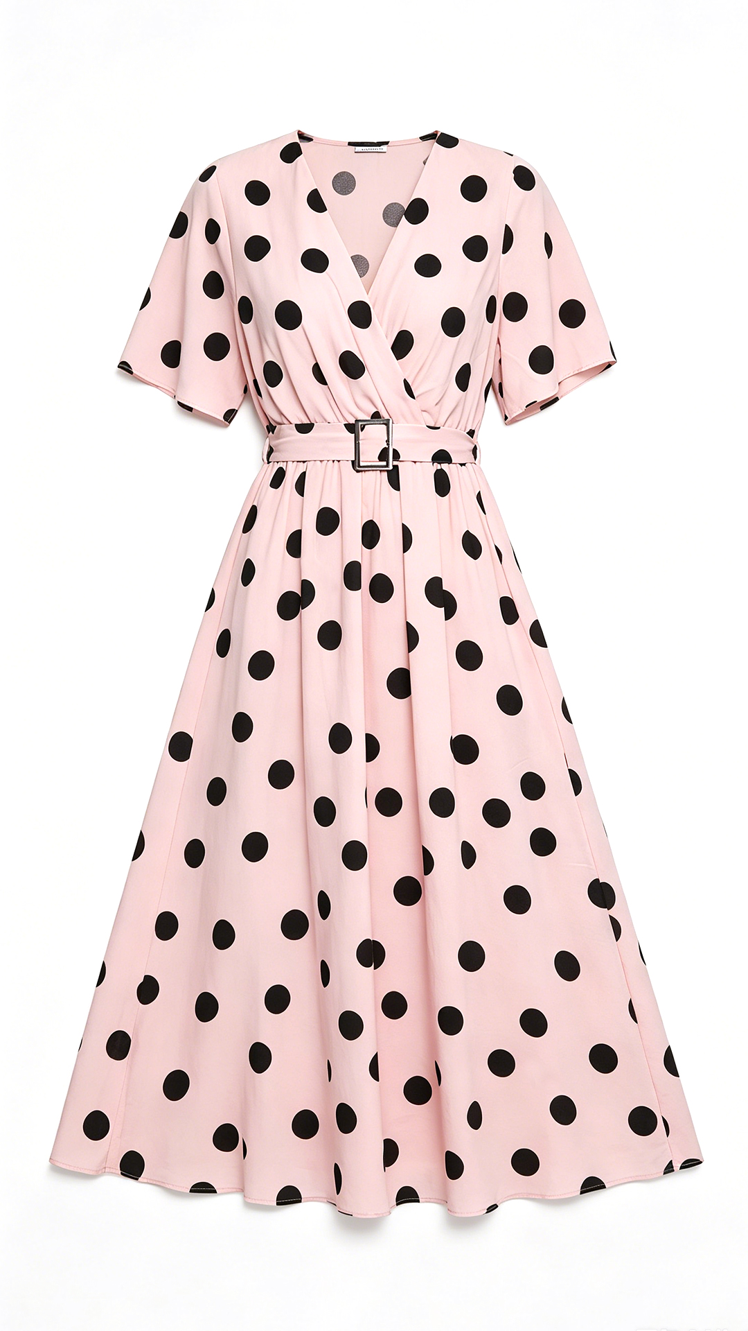 Blush & Black Polka Dot V-Neck Short Sleeve Flowy Dress with Waist-Cinching Belt