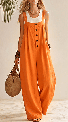Women's Cotton‑blend Square‑neck Button‑Front Strap Wide‑leg Jumpsuit