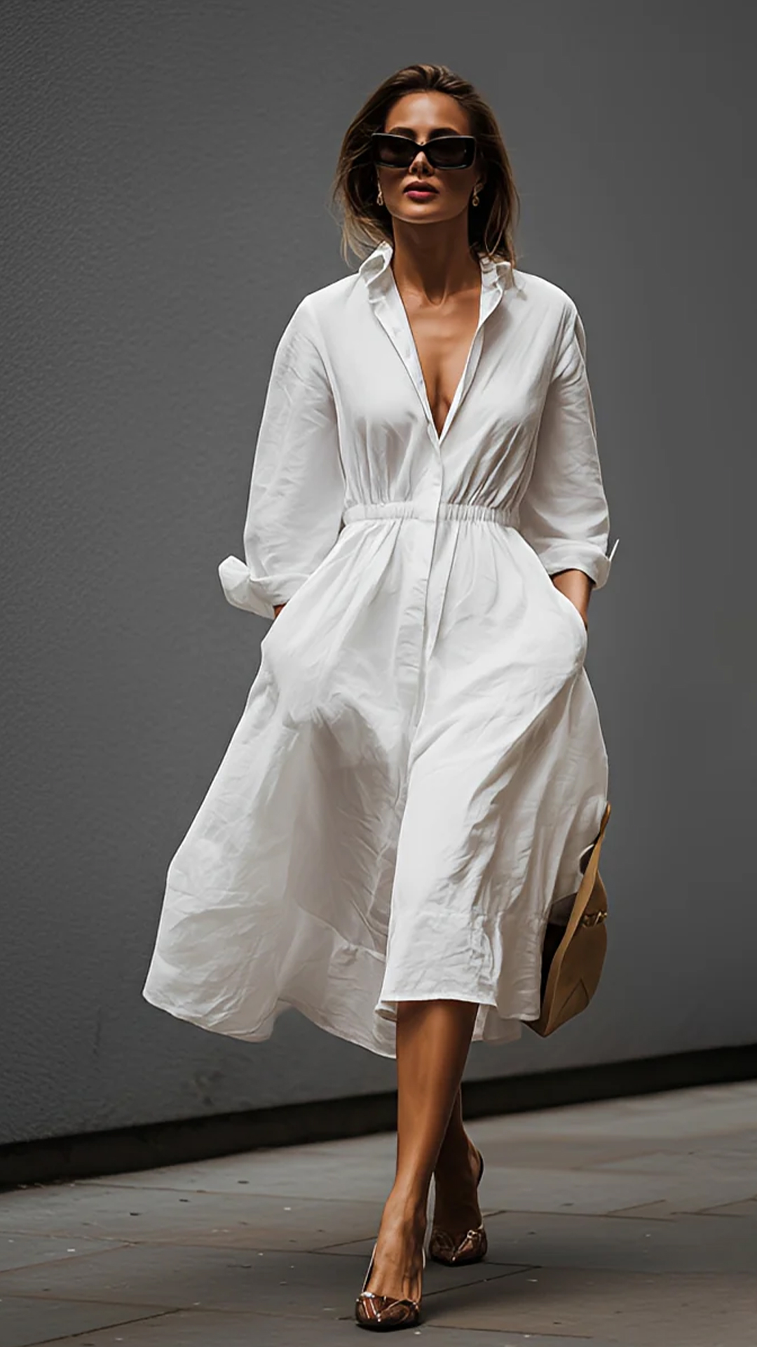 Independent Amazon Women'S White Shirt Collar Elastic Waist Dress Classic Simple Fashion Style Dress