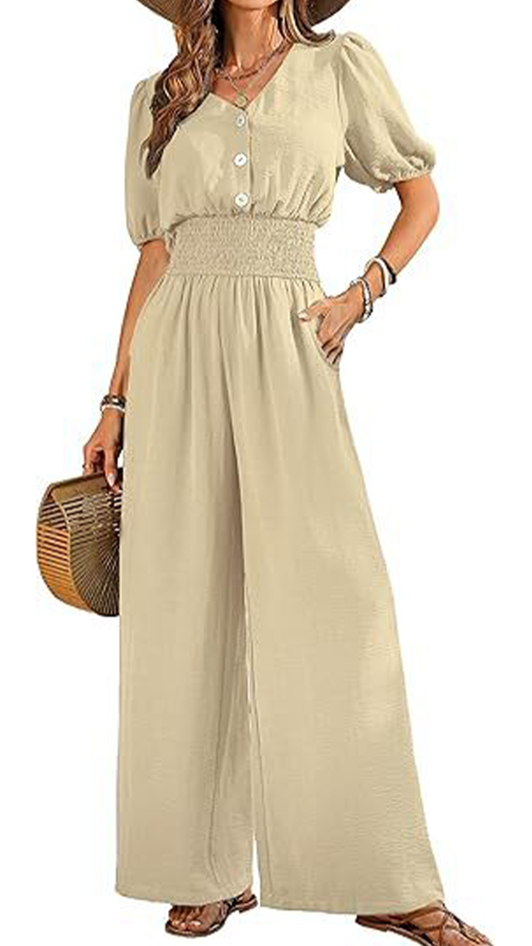 Women's V-Neck Jumpsuit with Puff Sleeves, Cinched Waist, and Wide Legs