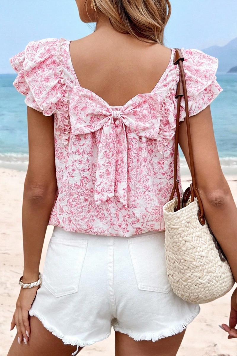 Women's Casual Floral Shirt — Short Sleeve with Ruffles and Back Bow Tie