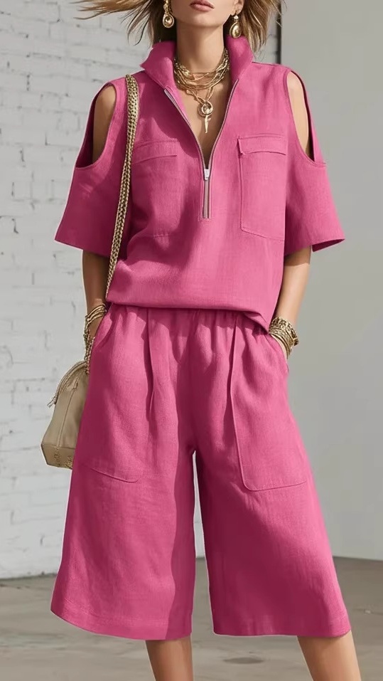 Women's Short-Sleeved Shorts Shirt and Loose Pants Two-Piece Set