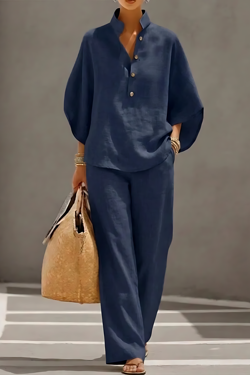 Women’s Batwing Sleeve Linen Cotton Two-Piece Set – Casual Shirt & Wide Leg Pants Outfit
