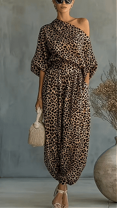 Women's Leopard Print Set: One-Shoulder Top and Harem Pants