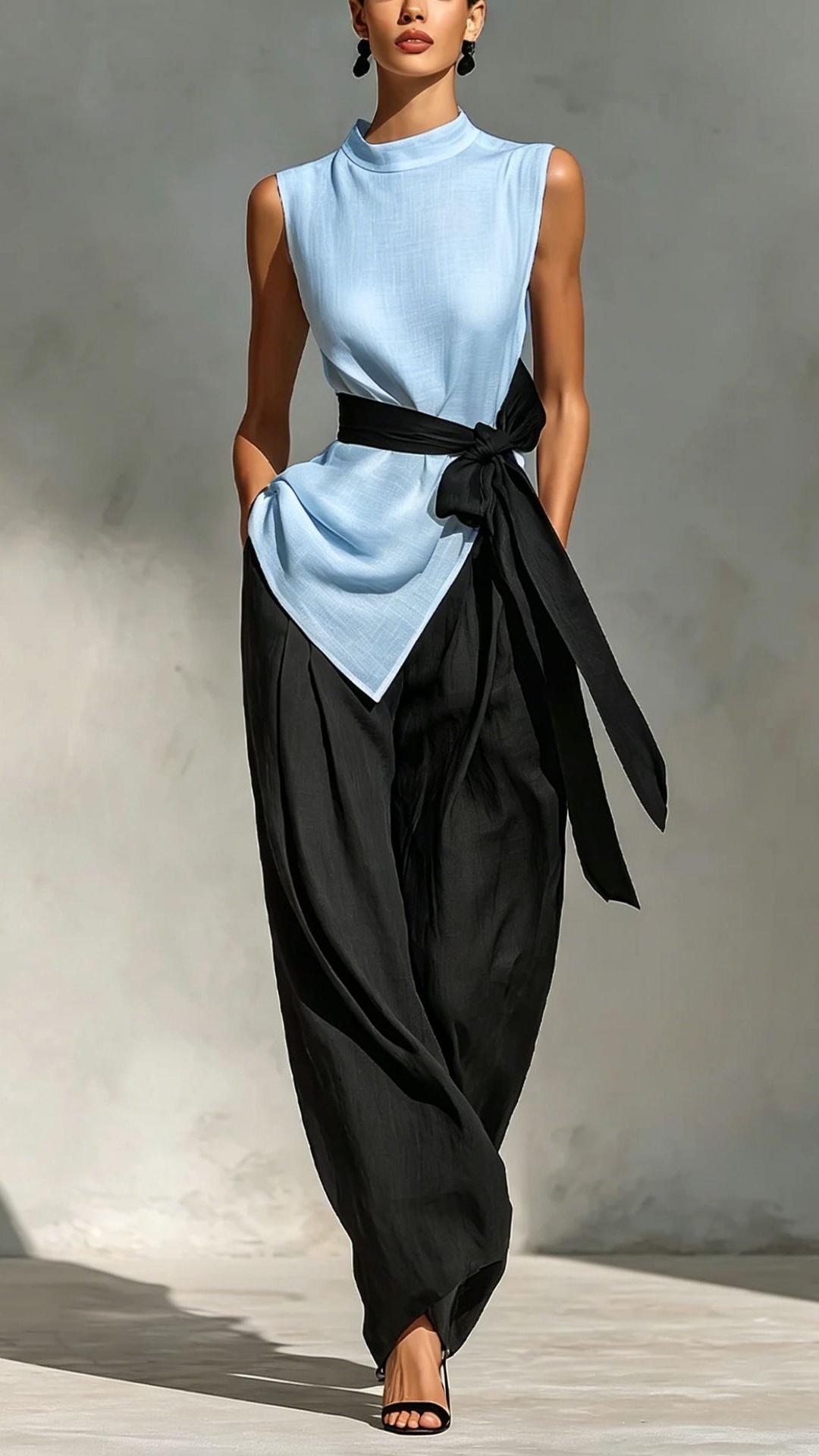 Women's Tie-Front Sleeveless Tencel-Linen Top + Wide-Leg Pants 2-Piece Set