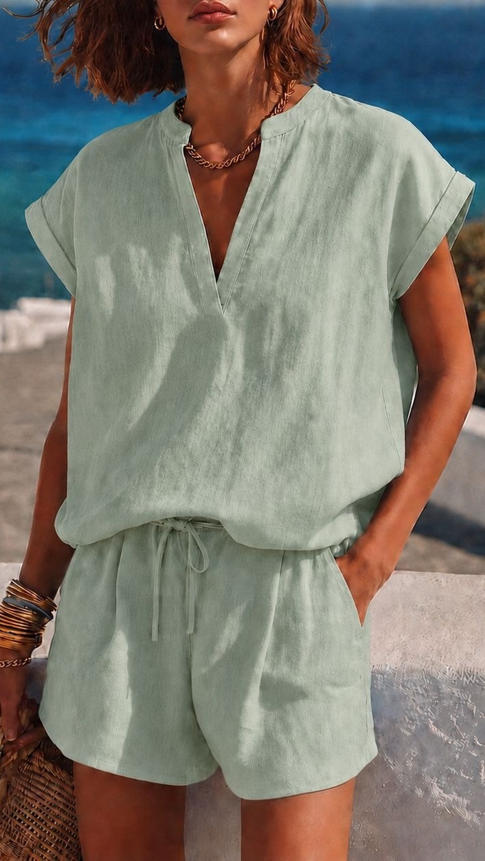 Women's Resort-Style V-Neck Casual Top and Shorts Set